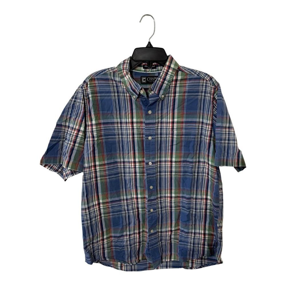 Chaps Mens Sun-Drenched Poplin Plaid Short Sleeve Button Down Shirt Blue Large